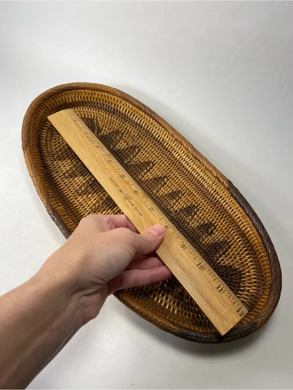 Artisan Two-Tone Hand-Woven Oval Oblong Geometric Pattern Rattan Basket Tray